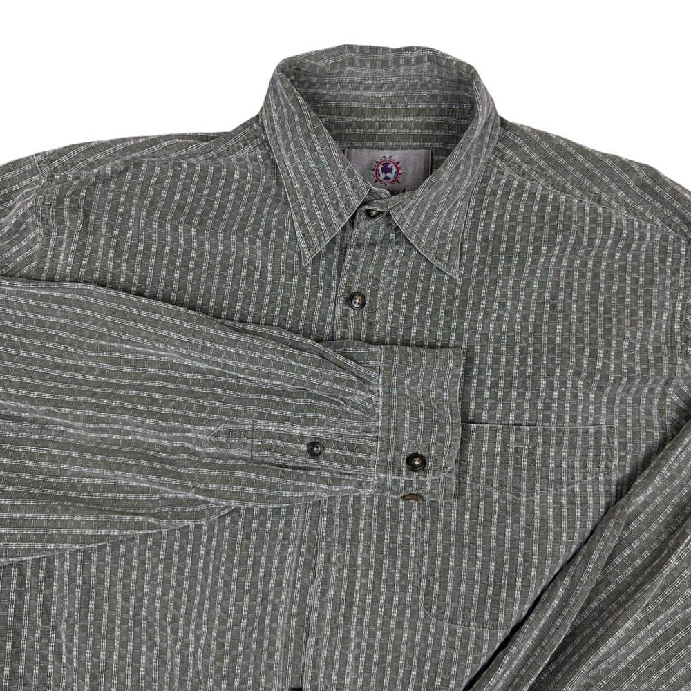 The Territory Ahead Mens Silk Textured Button Down Shirt Green Stripe L READ